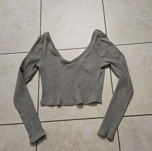 Arizona Jean Company Olive Green Ribbed Cropped Long Sleeve Top